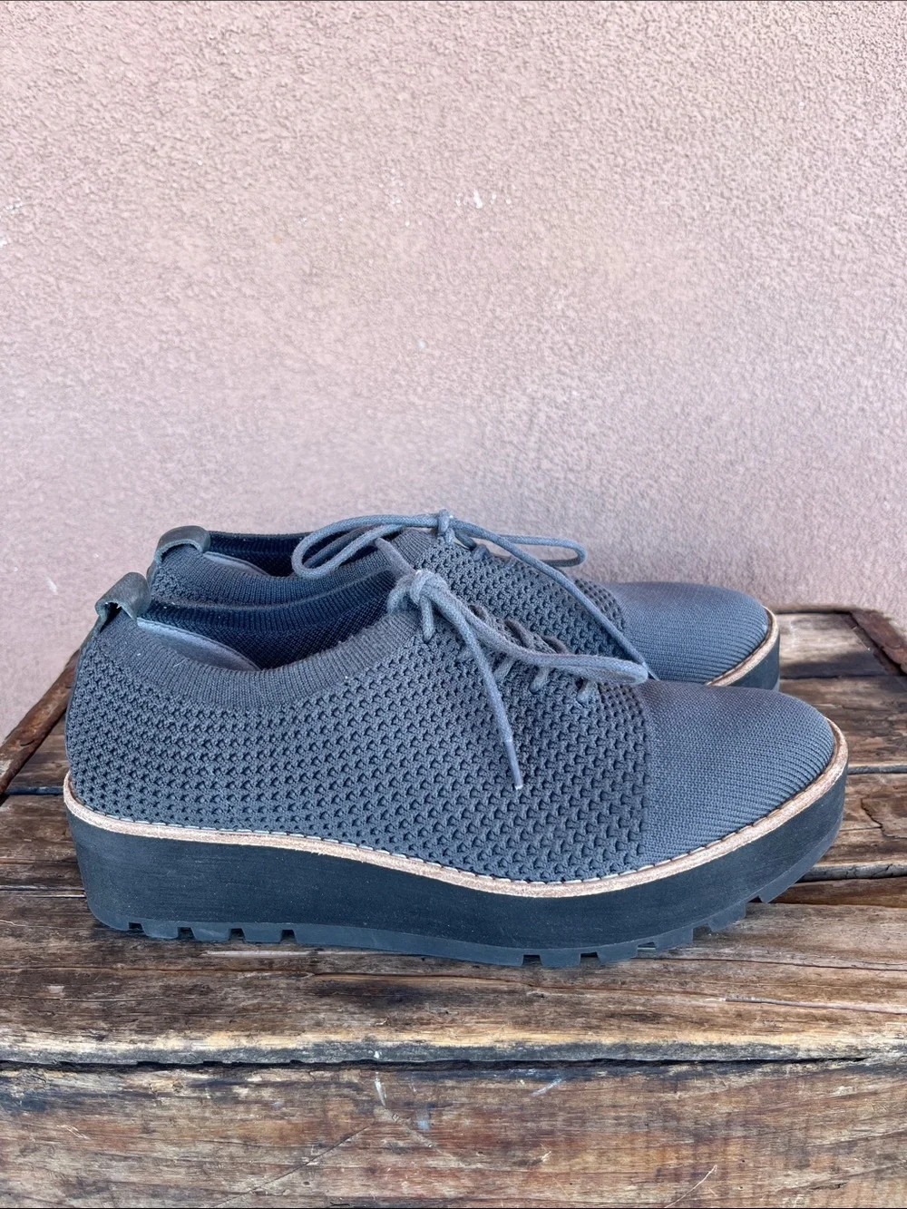 Eileen Fisher Eddy 2 stretch - knit platform oxford chunky black wedge sole